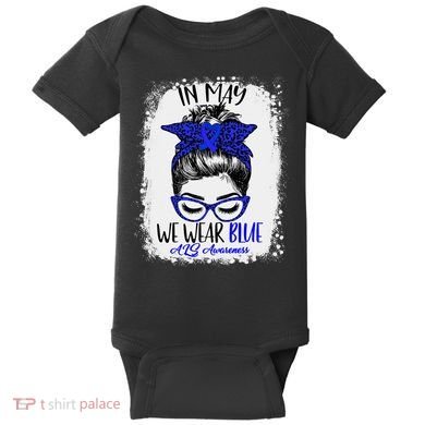 Bleached Leopard Messy Bun In May We Wear Blue ALS Awareness Baby Bodysuit