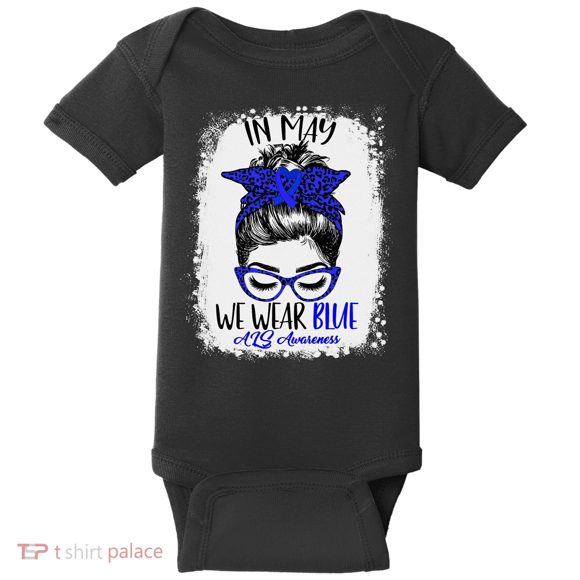 Bleached Leopard Messy Bun In May We Wear Blue ALS Awareness Baby Bodysuit