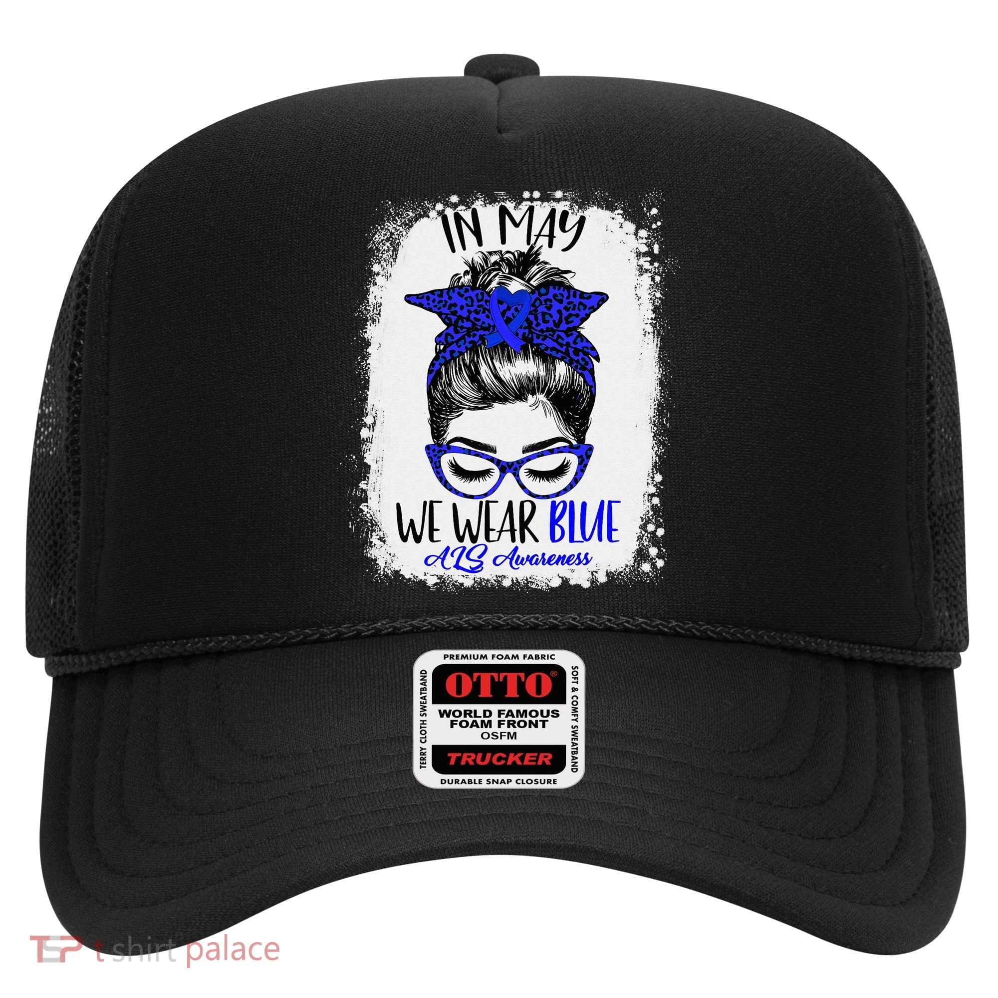 Bleached Leopard Messy Bun In May We Wear Blue ALS Awareness Hat
