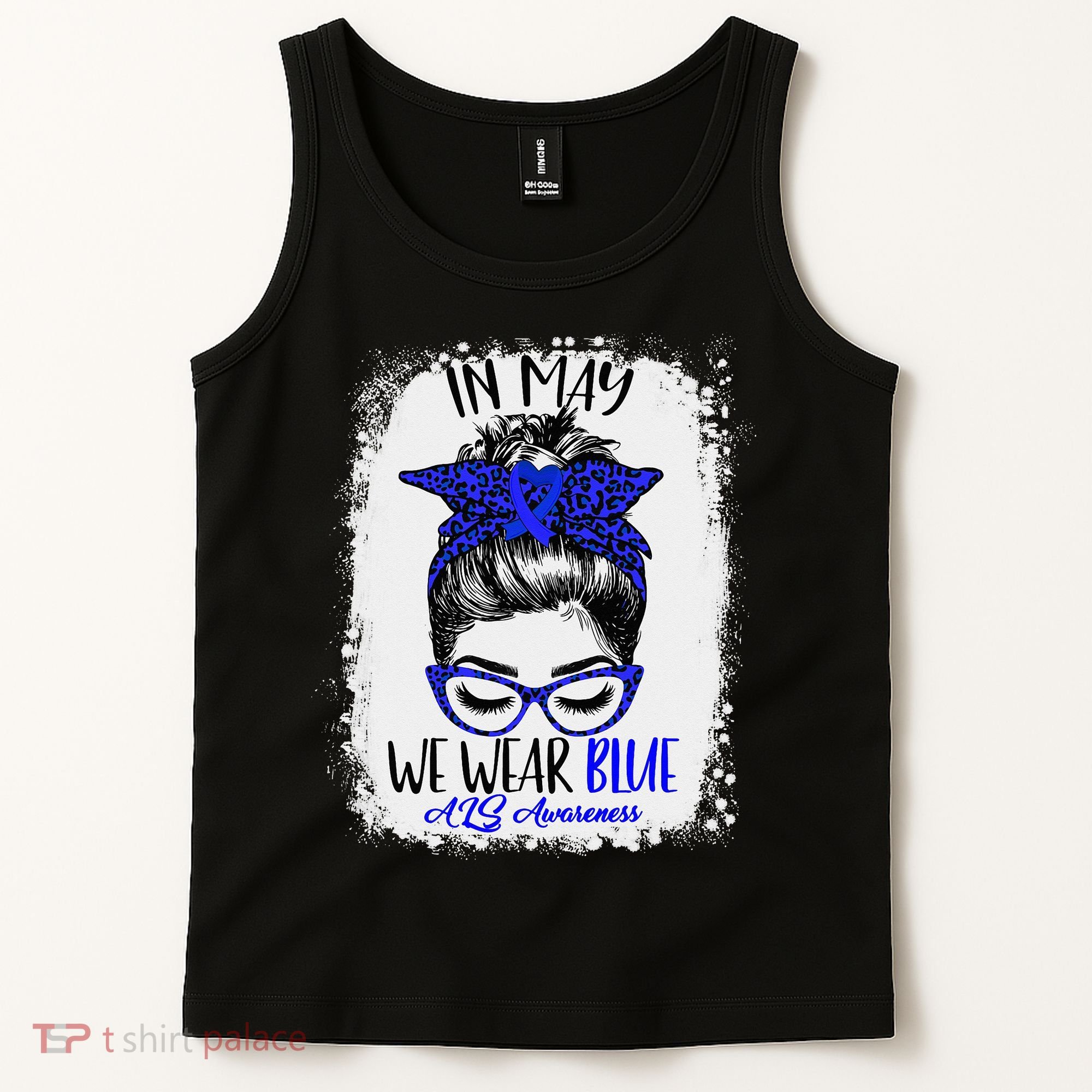 Bleached Leopard Messy Bun In May We Wear Blue ALS Awareness Tank Top