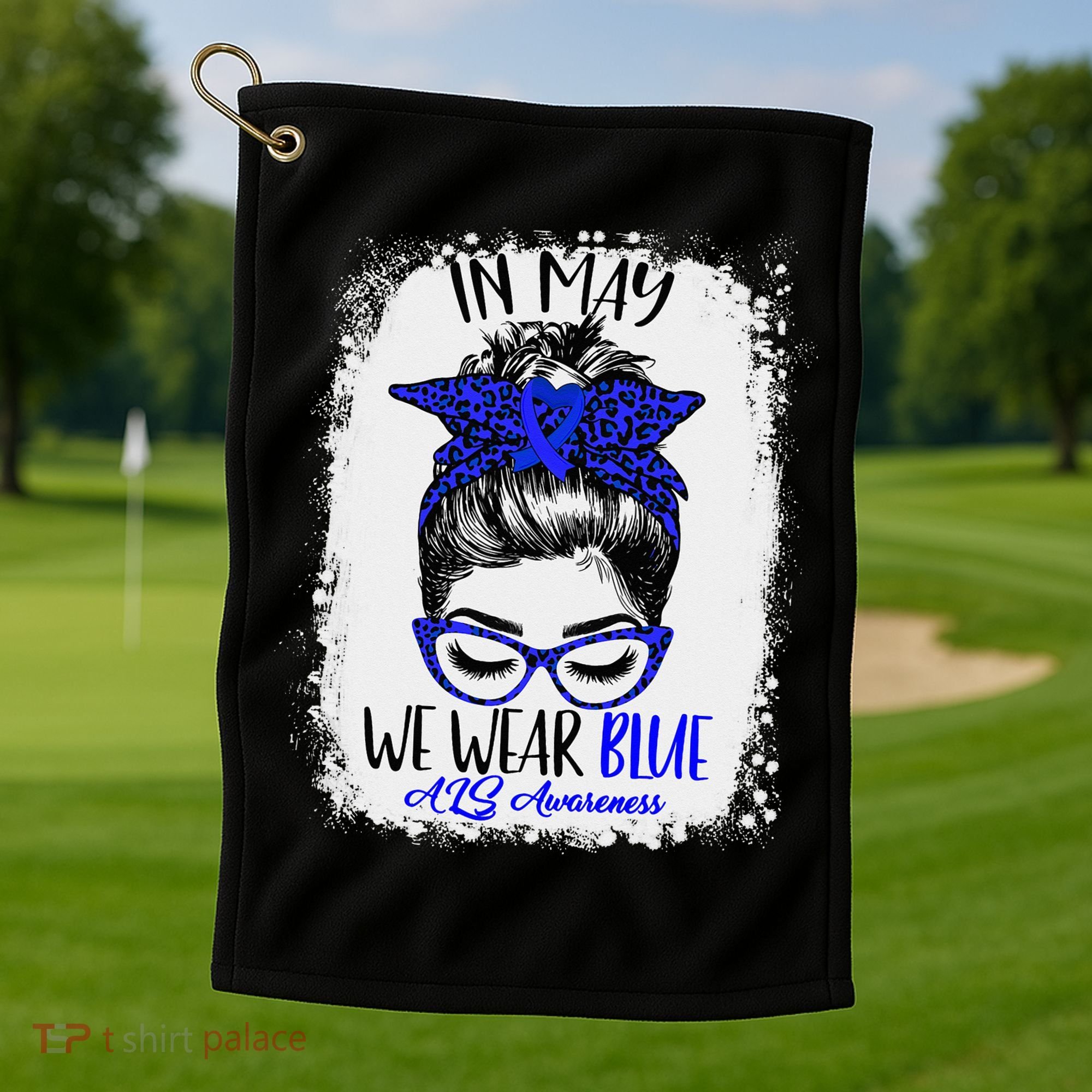 Bleached Leopard Messy Bun In May We Wear Blue ALS Awareness Golf Towel