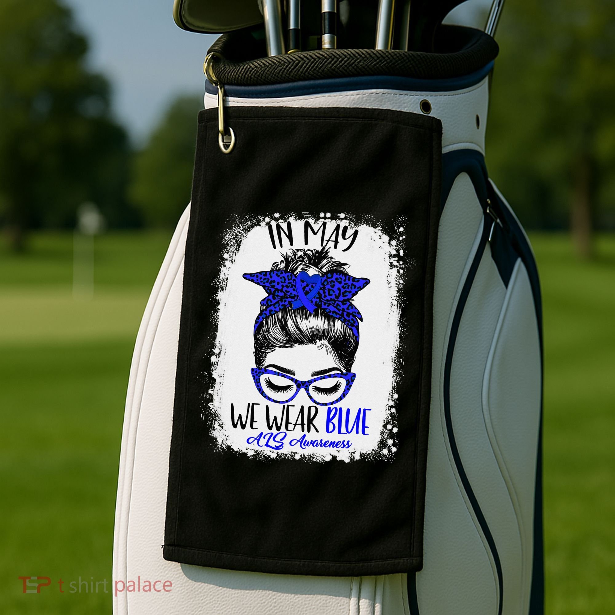 Bleached Leopard Messy Bun In May We Wear Blue ALS Awareness Golf Towel
