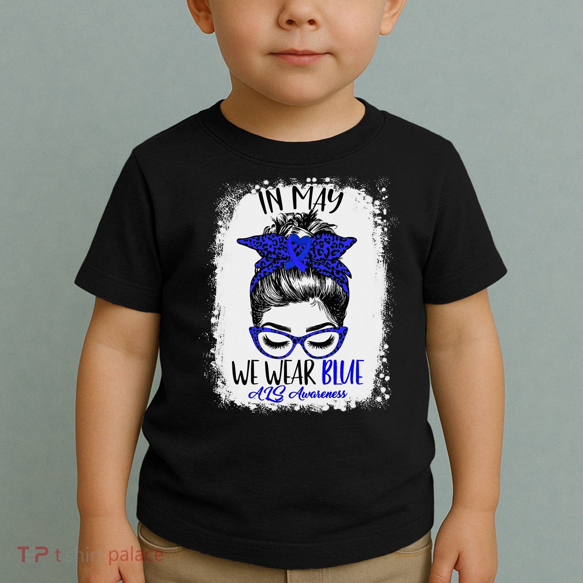Bleached Leopard Messy Bun In May We Wear Blue ALS Awareness Toddler T-Shirt