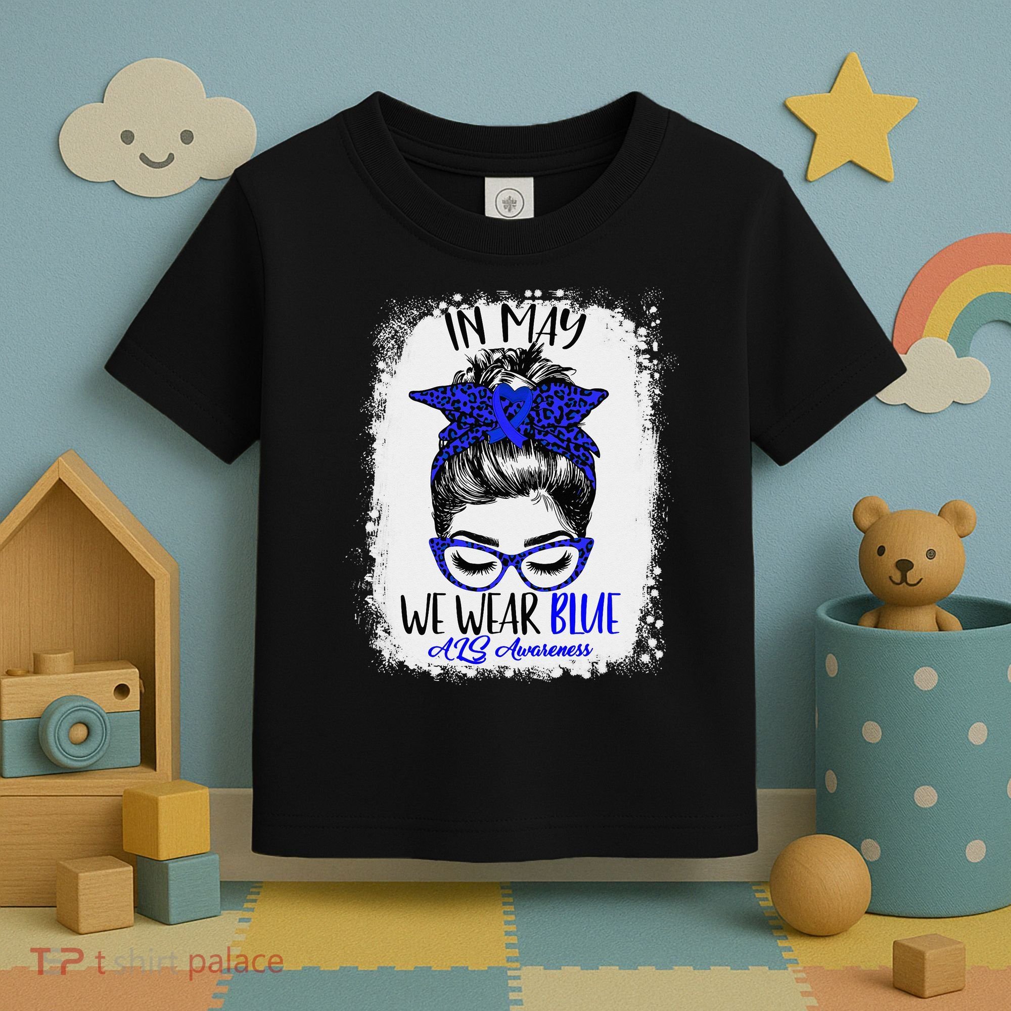 Bleached Leopard Messy Bun In May We Wear Blue ALS Awareness Toddler T-Shirt