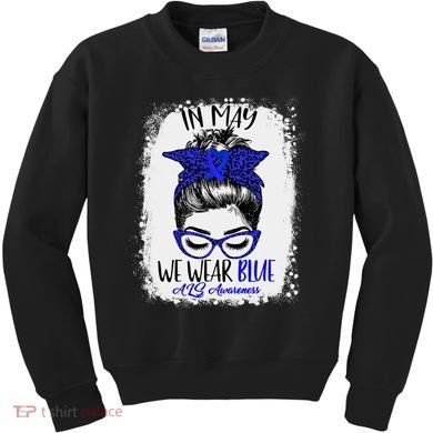 Bleached Leopard Messy Bun In May We Wear Blue ALS Awareness Kids Sweatshirt