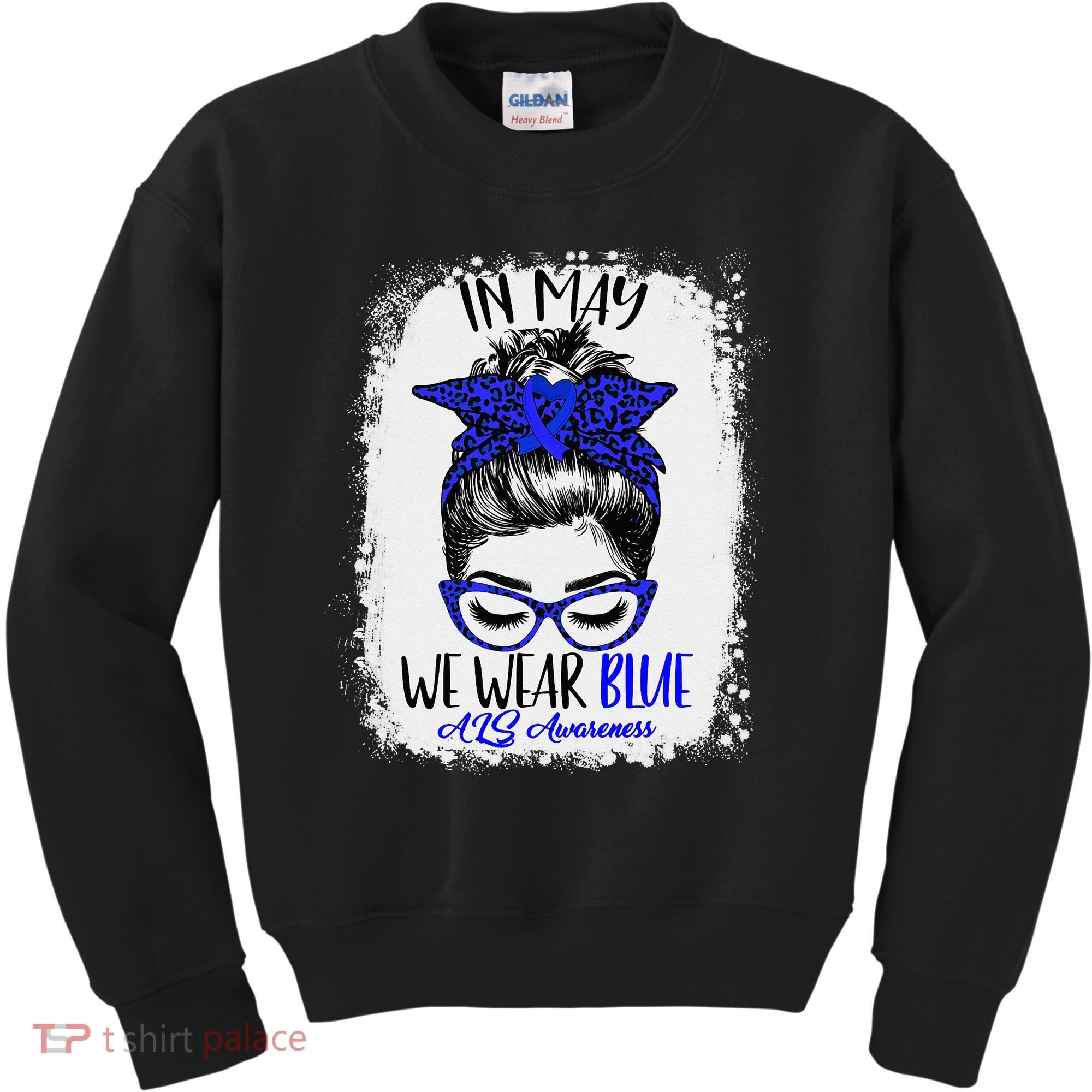 Bleached Leopard Messy Bun In May We Wear Blue ALS Awareness Kids Sweatshirt