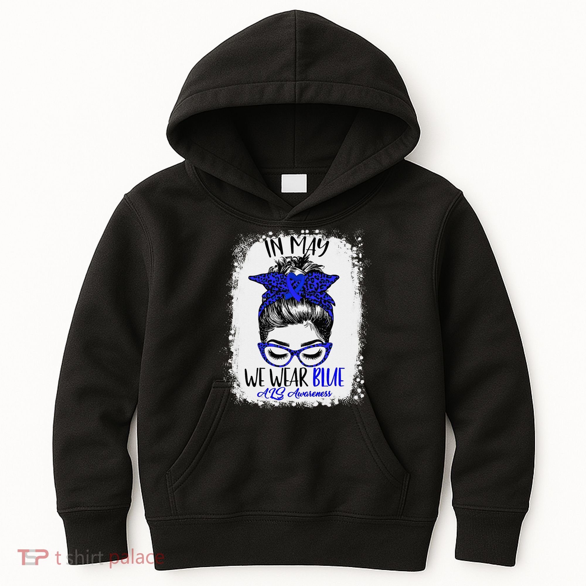 Bleached Leopard Messy Bun In May We Wear Blue ALS Awareness Kids Hoodie