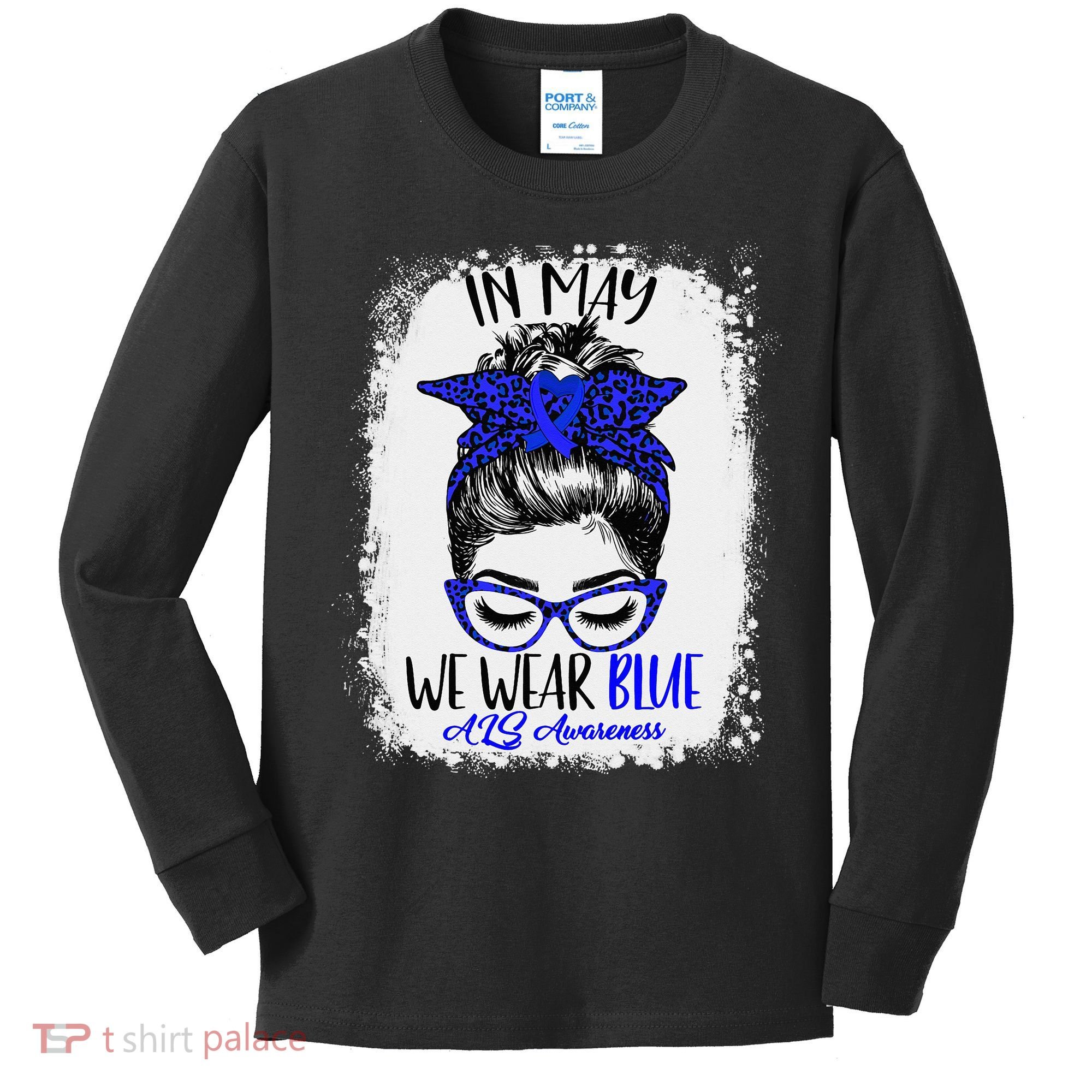 Bleached Leopard Messy Bun In May We Wear Blue ALS Awareness Kids Long Sleeve Shirt
