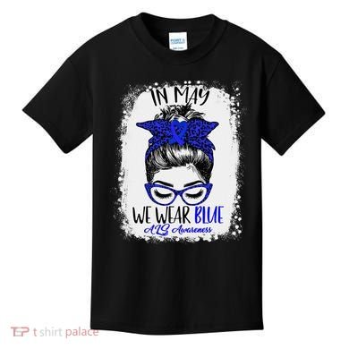 Bleached Leopard Messy Bun In May We Wear Blue ALS Awareness Kids T-Shirt