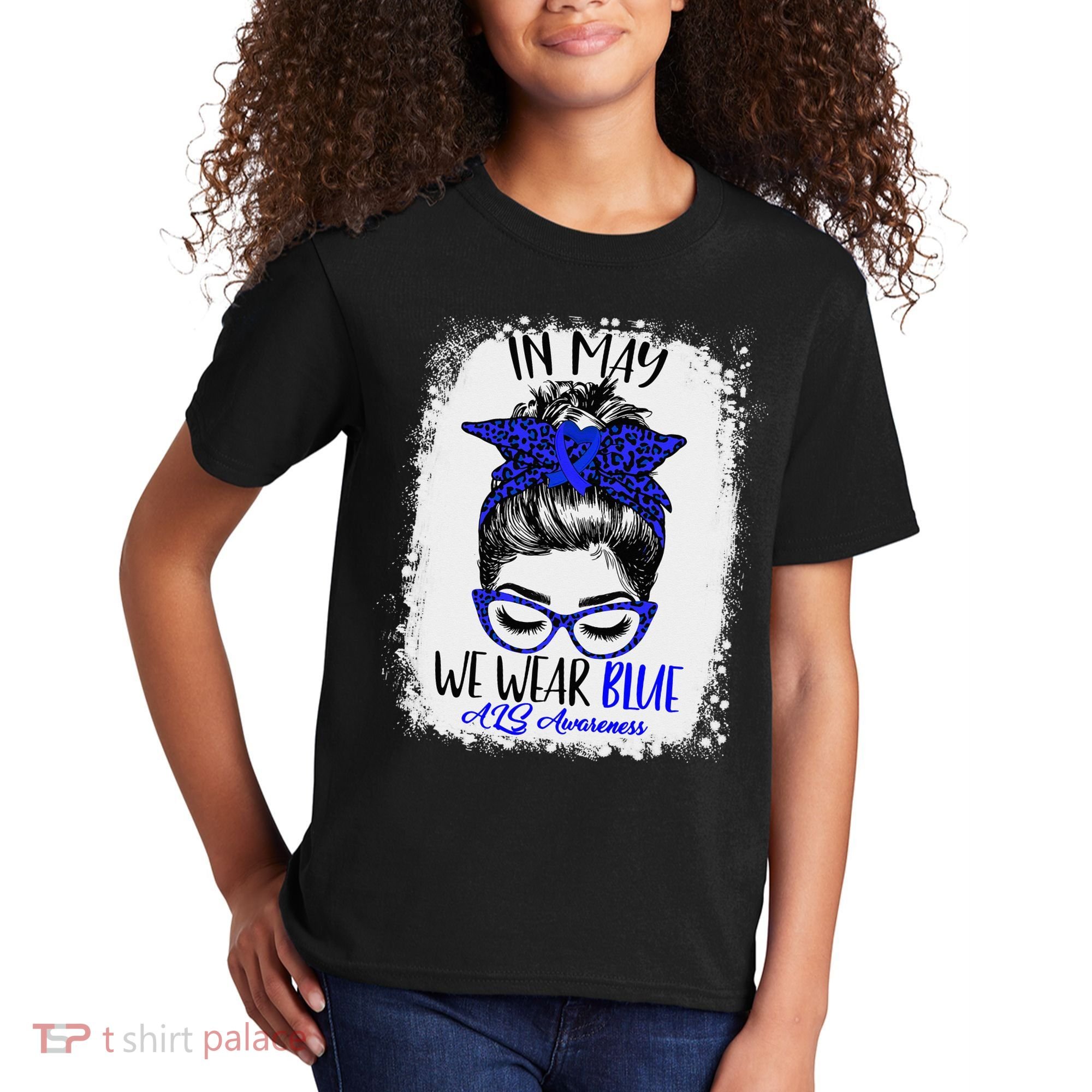 Bleached Leopard Messy Bun In May We Wear Blue ALS Awareness Kids T-Shirt