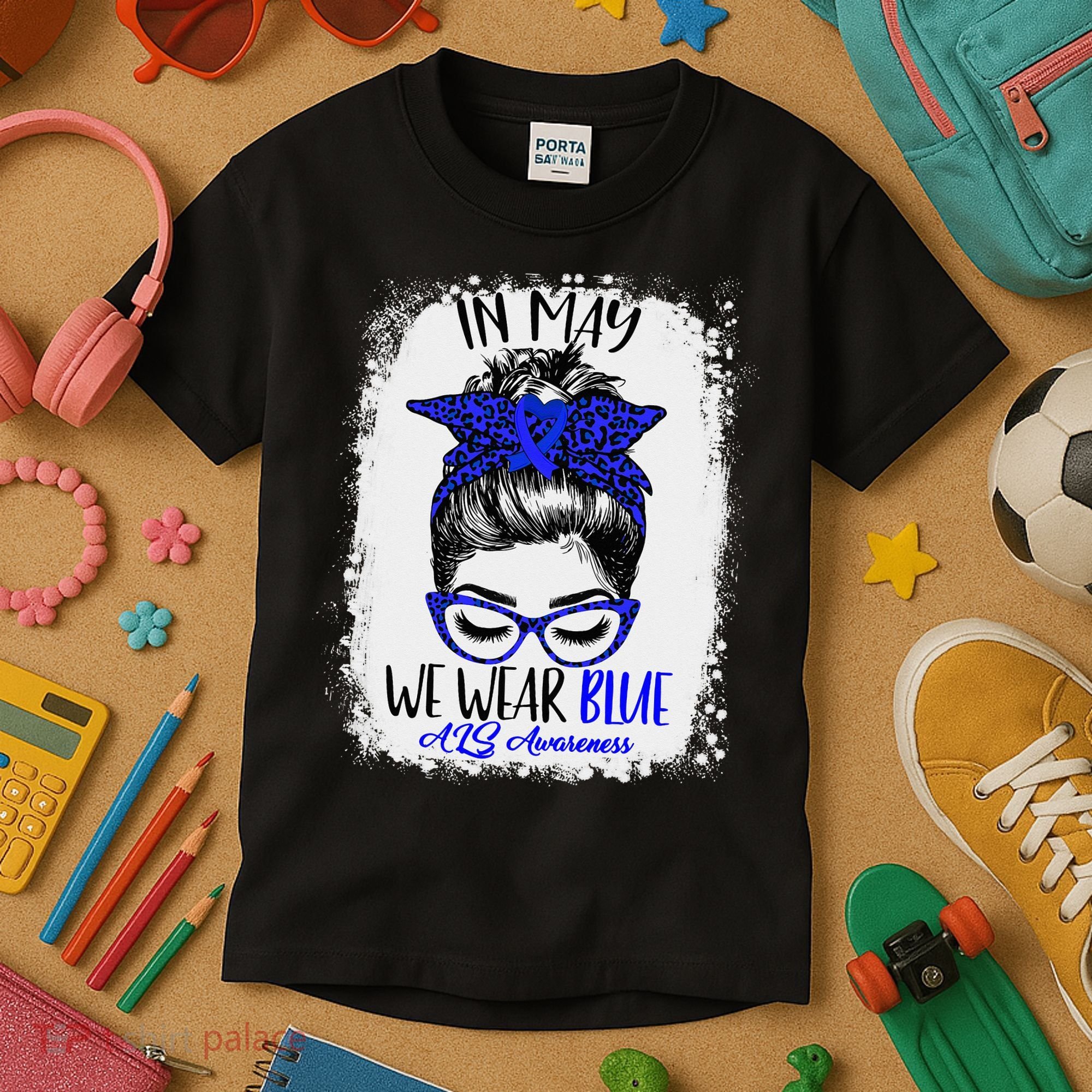 Bleached Leopard Messy Bun In May We Wear Blue ALS Awareness Kids T-Shirt