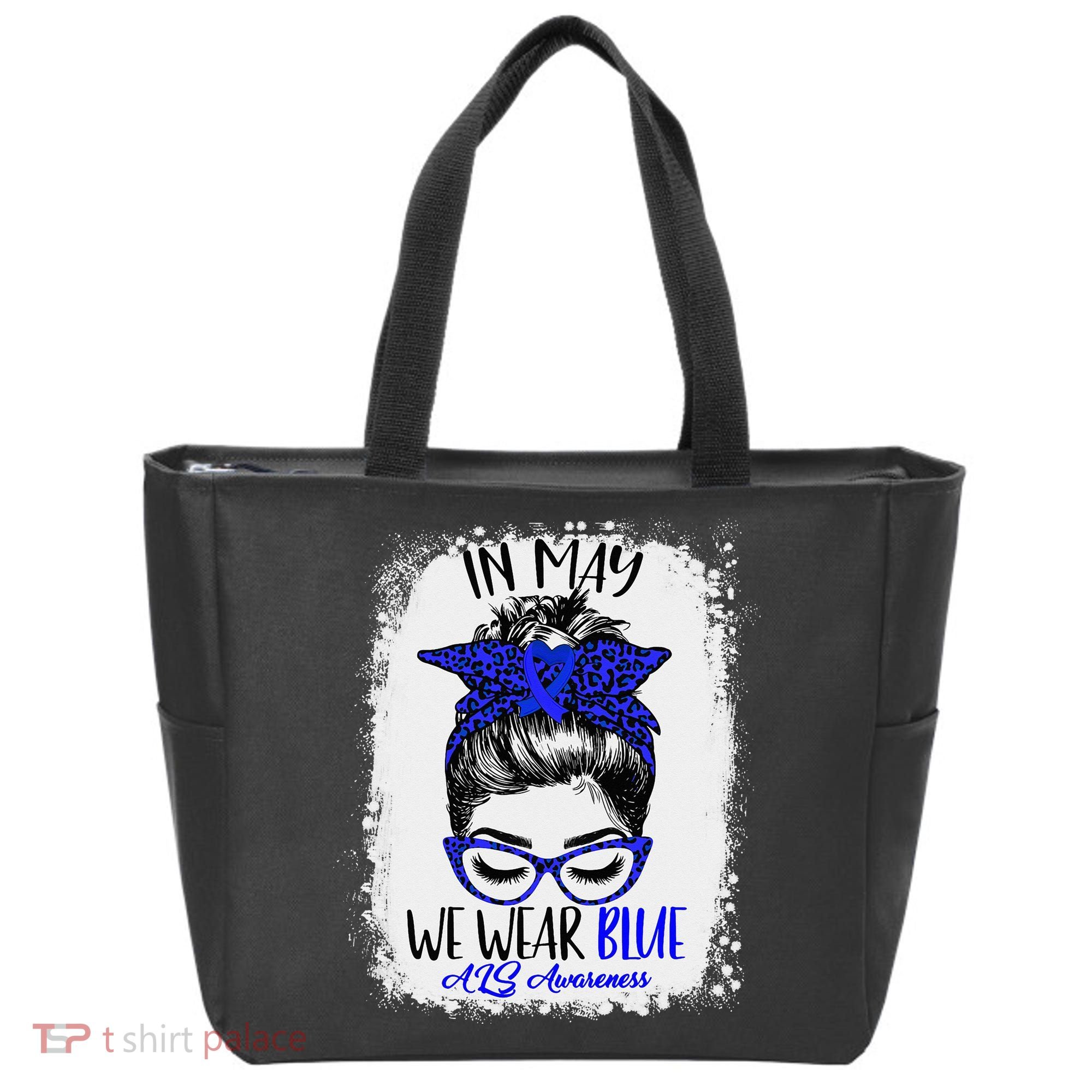 Bleached Leopard Messy Bun In May We Wear Blue ALS Awareness Tote Bag