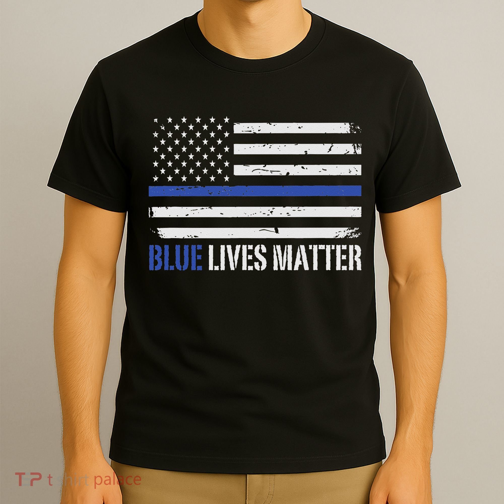 Blue Lives Matter Thin Blue Line American Flag Cop T-Shirt