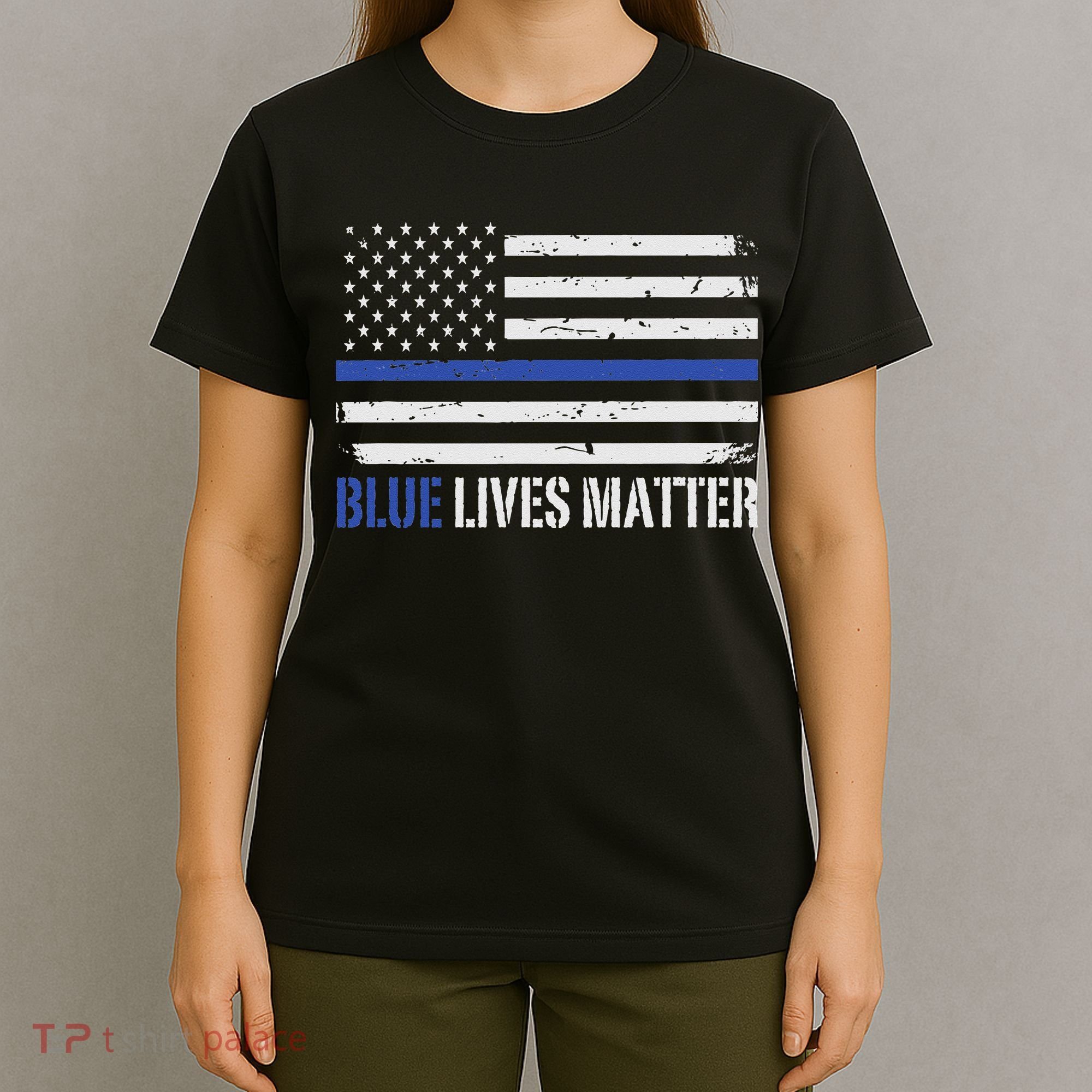 Blue Lives Matter Thin Blue Line American Flag Cop T-Shirt