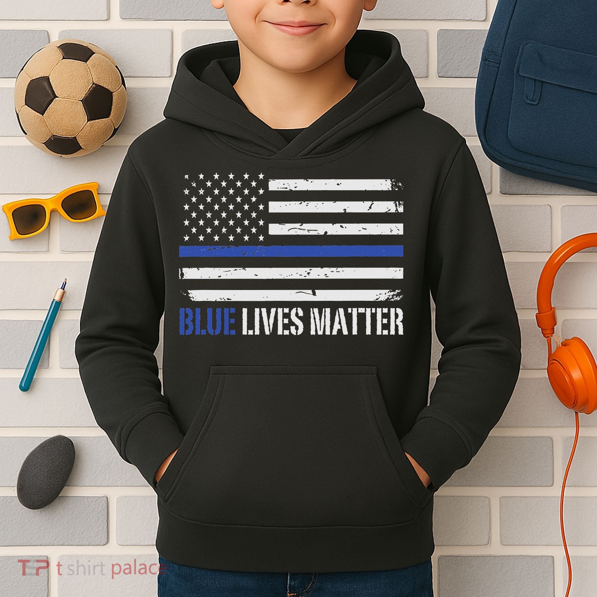 Blue Lives Matter Thin Blue Line American Flag Cop Kids Hoodie
