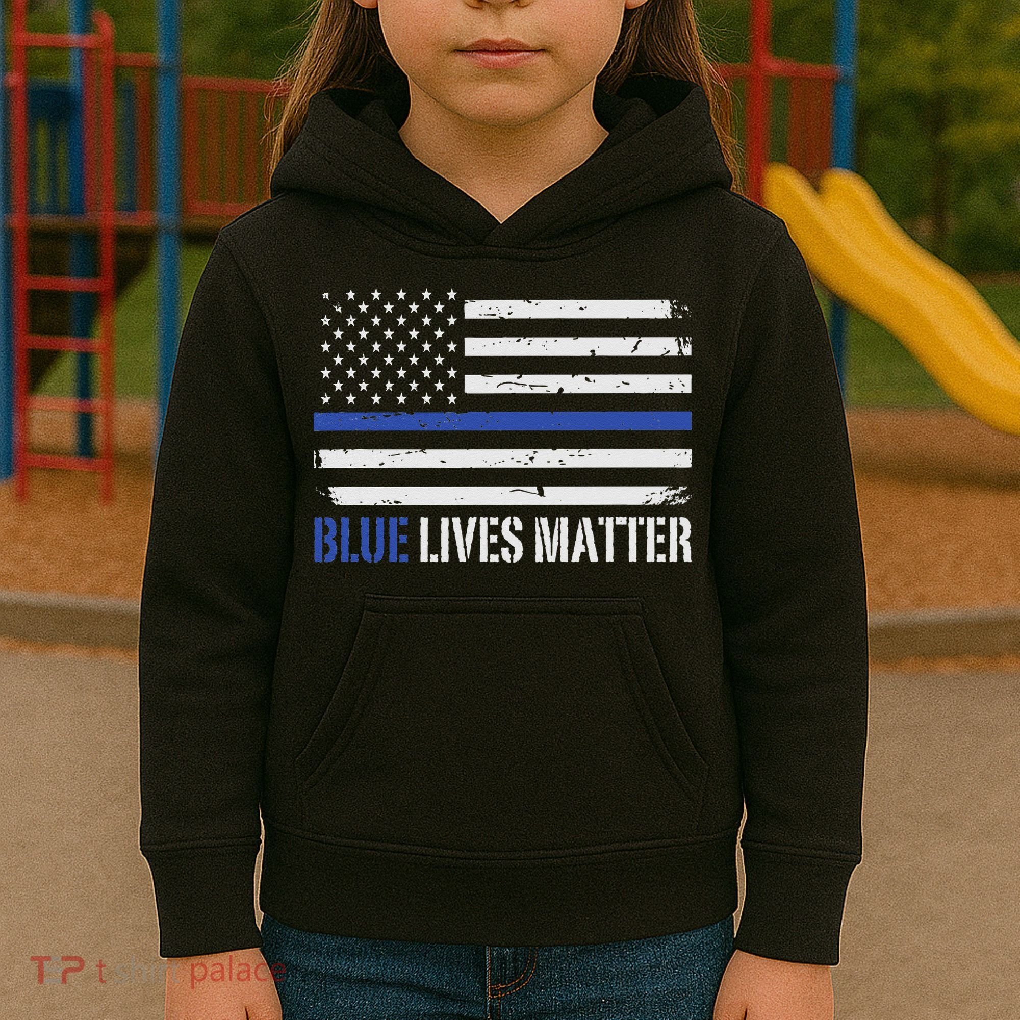 Blue Lives Matter Thin Blue Line American Flag Cop Kids Hoodie