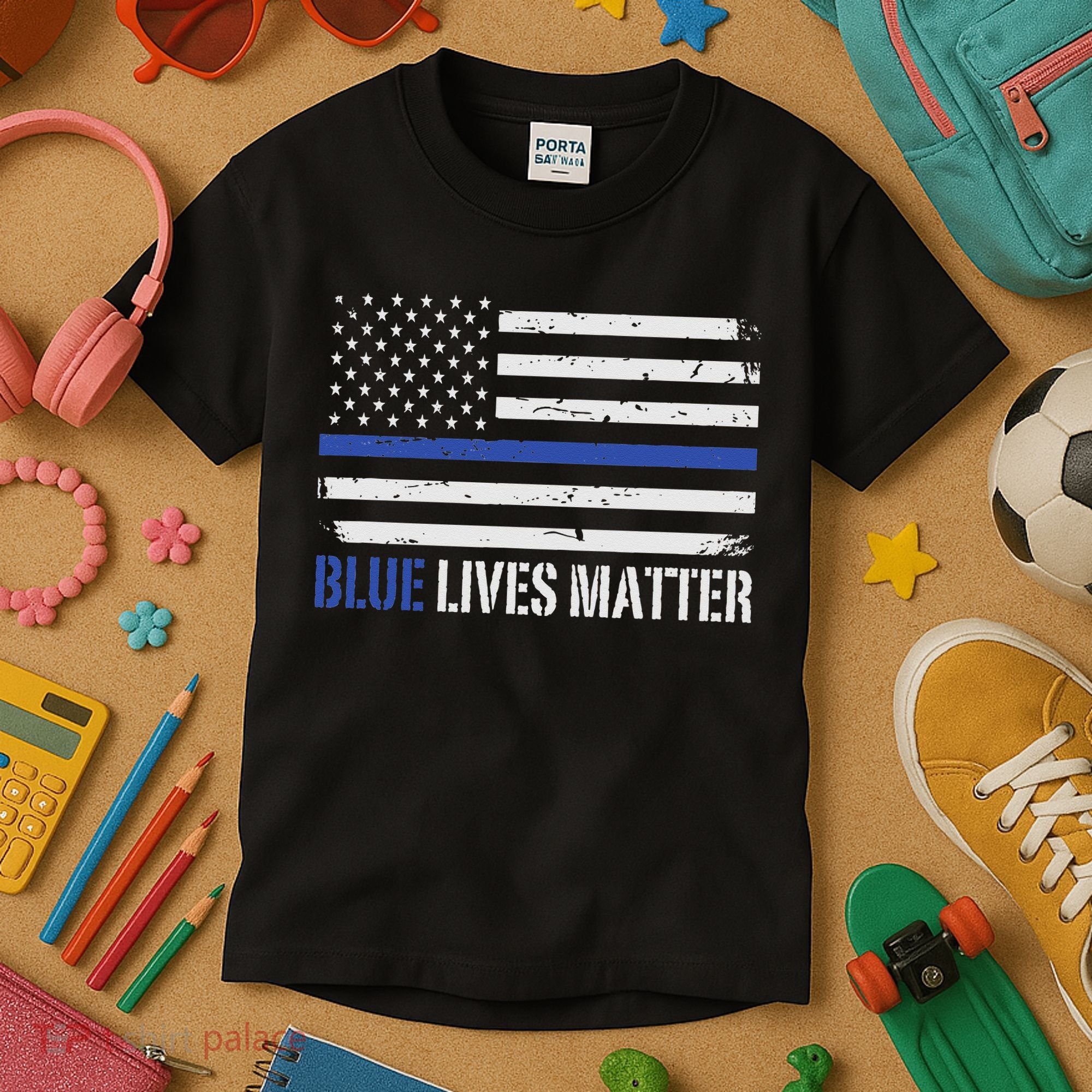 Blue Lives Matter Thin Blue Line American Flag Cop Kids T-Shirt
