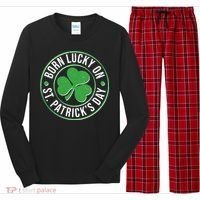 Born Lucky On St Patrick's Day Shamrock Emblem Long Sleeve Pajama Set thumb 0
