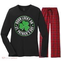 Born Lucky On St Patrick's Day Shamrock Emblem Women's Long Sleeve Flannel Pajama Set  thumb 0