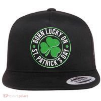 Born Lucky On St Patrick's Day Shamrock Emblem Flat Bill Trucker Hat thumb 0