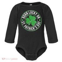 Born Lucky On St Patrick's Day Shamrock Emblem Baby Long Sleeve Bodysuit thumb 0