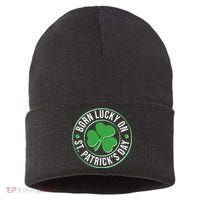 Born Lucky On St Patrick's Day Shamrock Emblem Sustainable Knit Beanie thumb 0