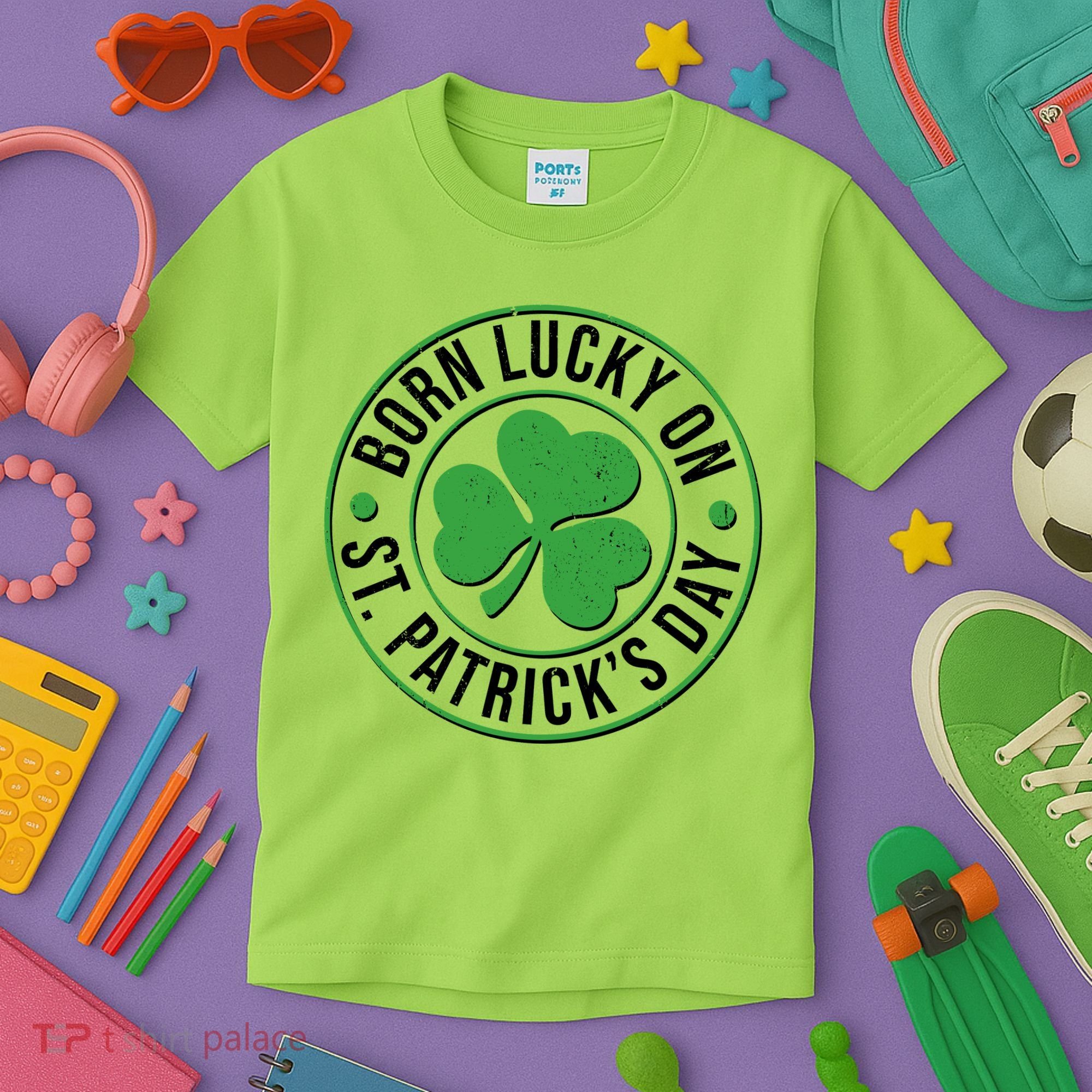 Born Lucky On St Patrick's Day Shamrock Emblem Kids T-Shirt