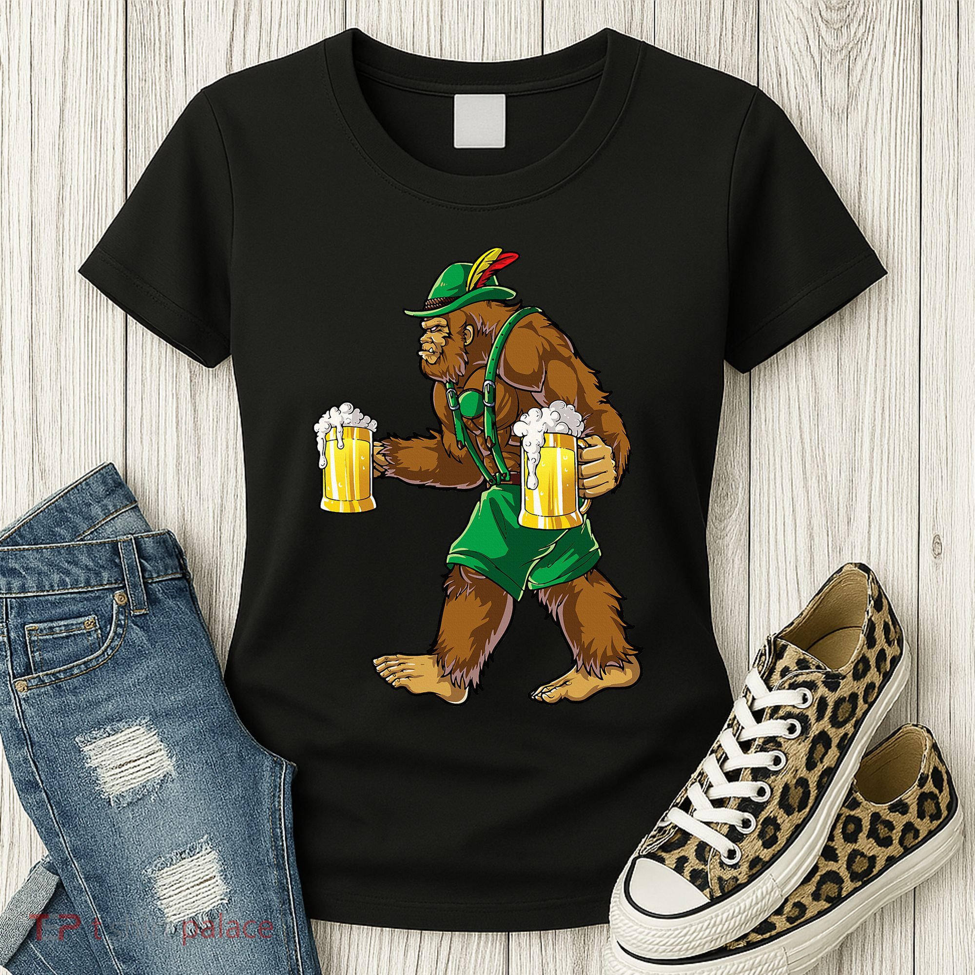 Bigfoot Lederhosen Oktoberfest Prost Beer Mug Women's T-Shirt