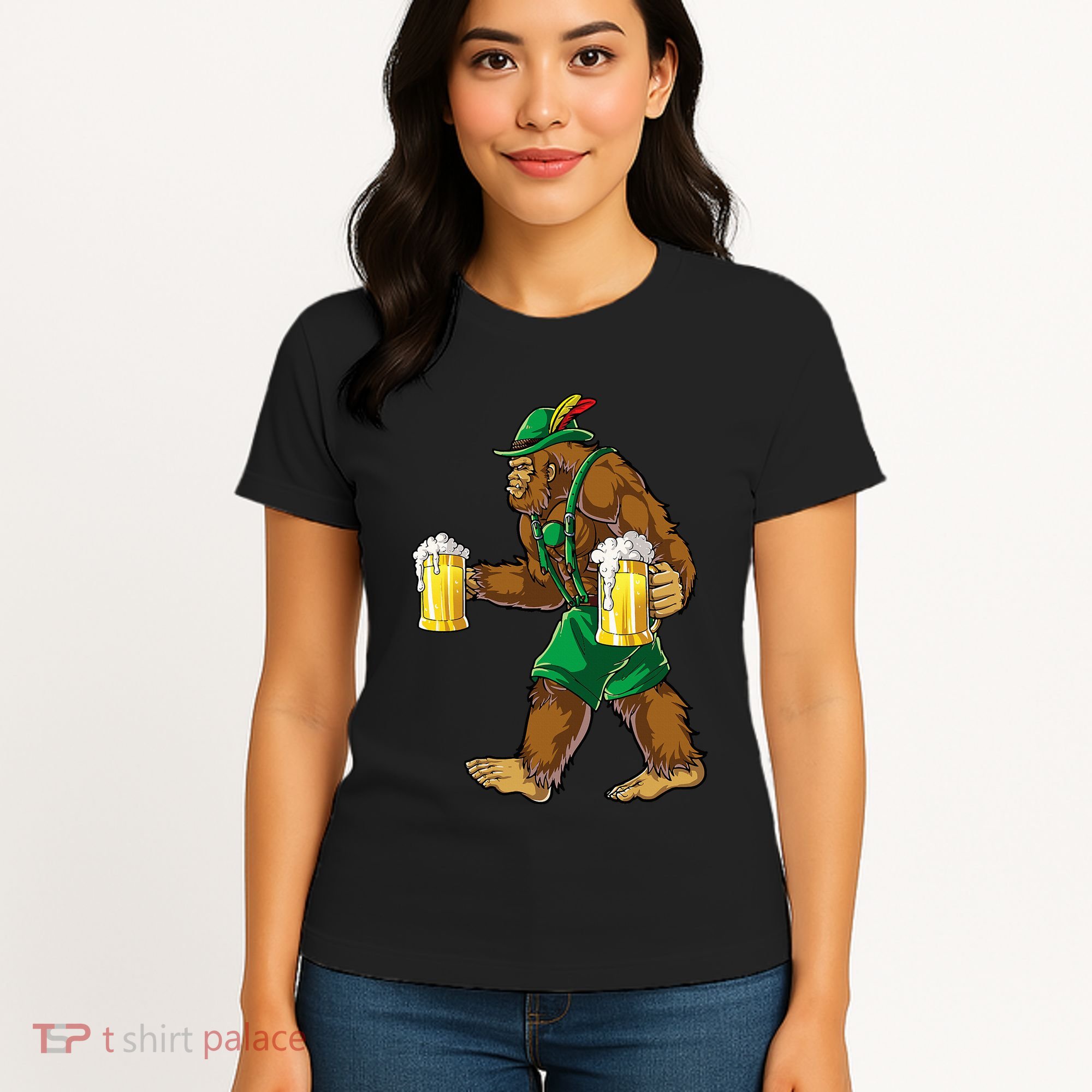 Bigfoot Lederhosen Oktoberfest Prost Beer Mug Women's T-Shirt