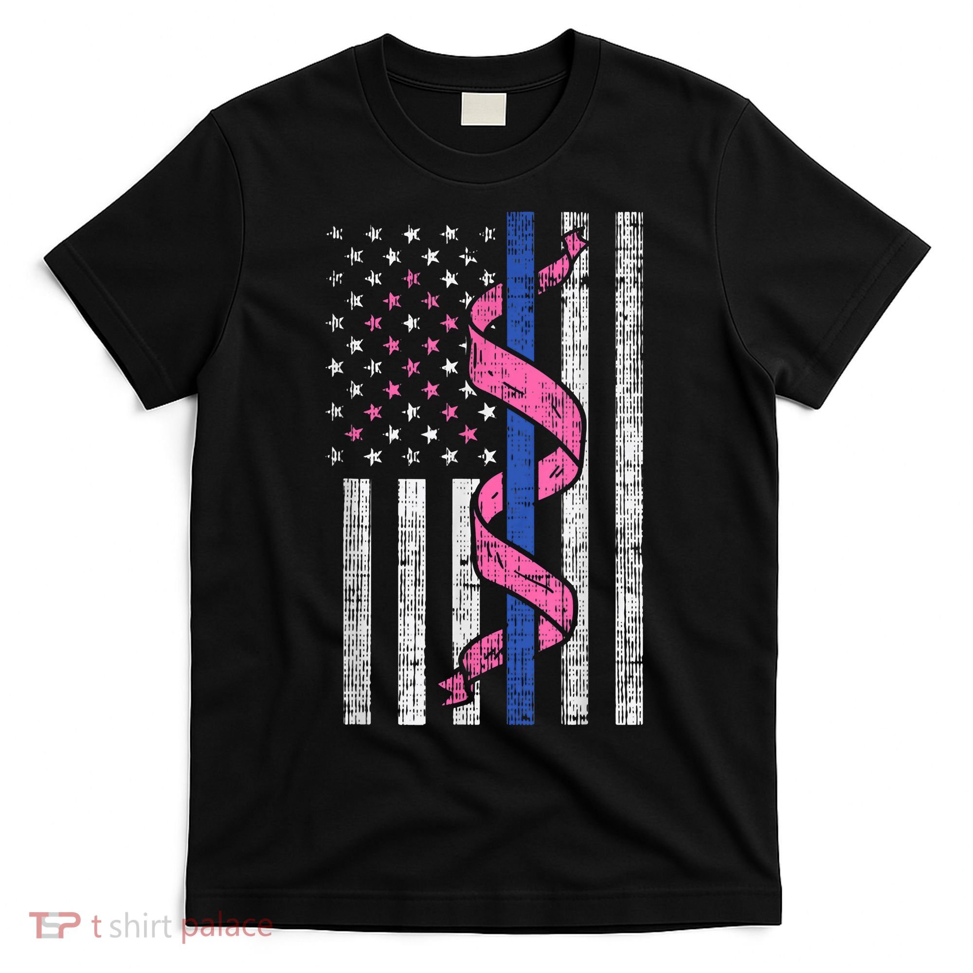 Blue Line Police Us Flag Pink Ribbon Breast Cancer Awareness T-Shirt
