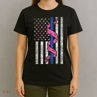 Blue Line Police Us Flag Pink Ribbon Breast Cancer Awareness T-Shirt thumb 4
