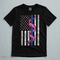 Blue Line Police Us Flag Pink Ribbon Breast Cancer Awareness T-Shirt thumb 5