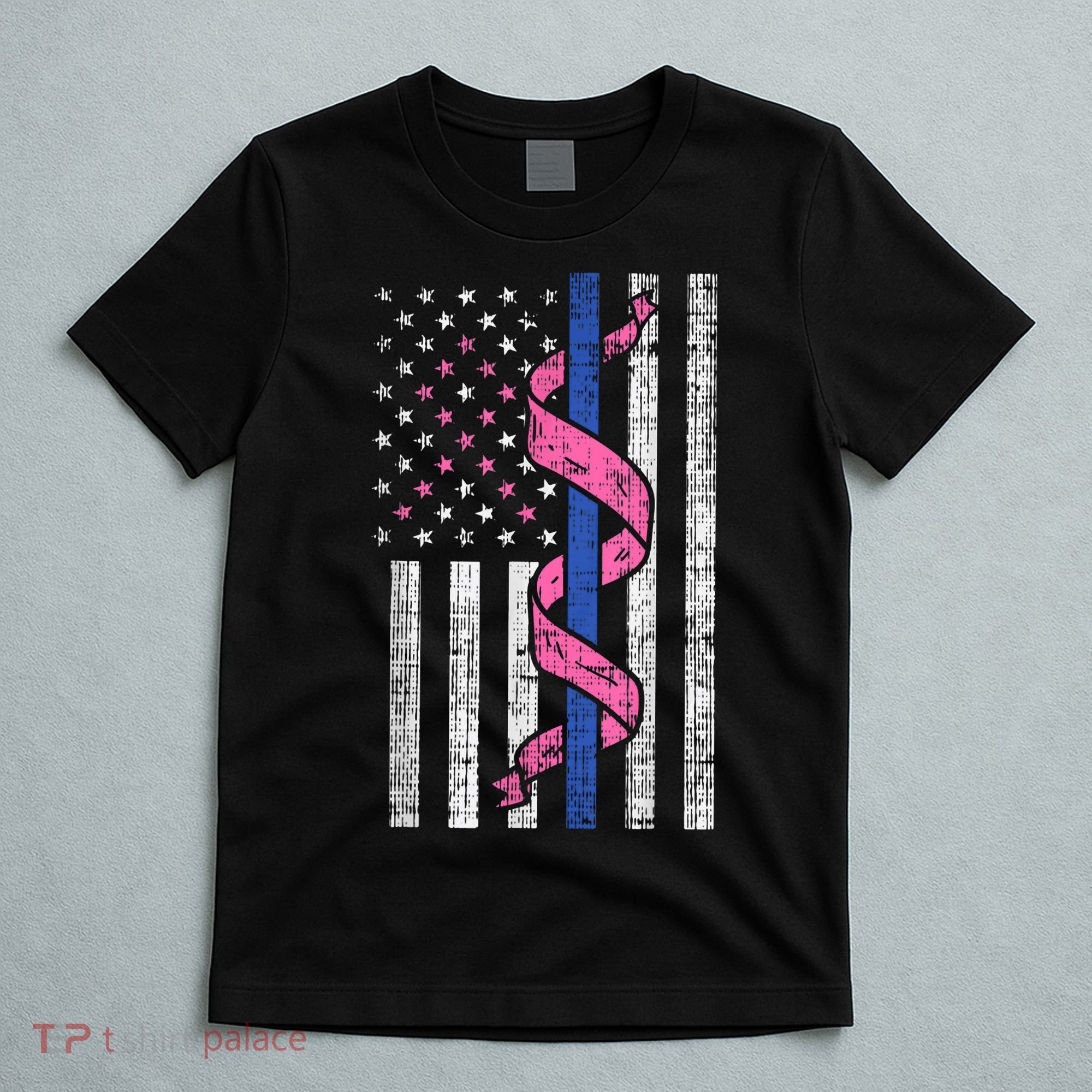 Blue Line Police Us Flag Pink Ribbon Breast Cancer Awareness T-Shirt