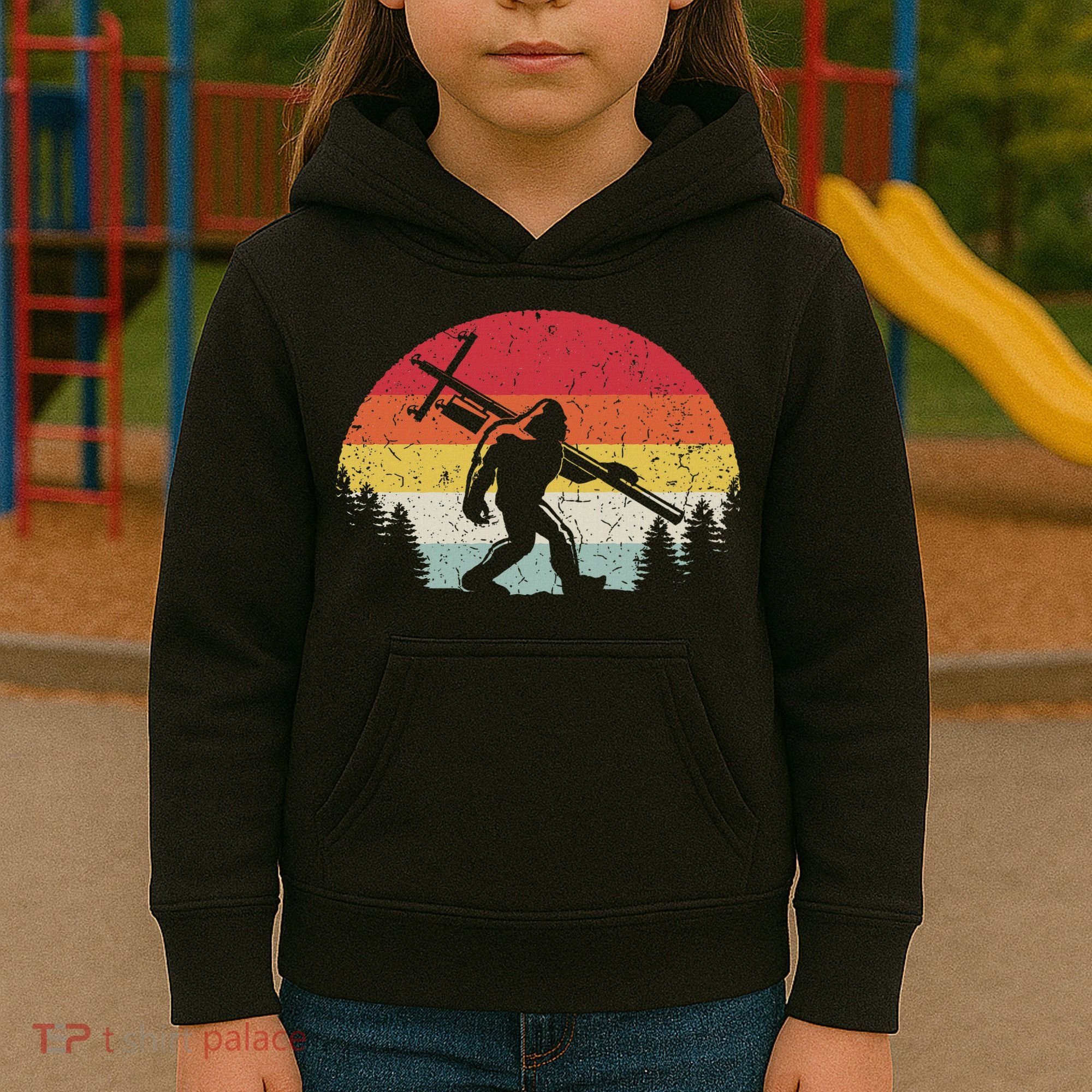 Bigfoot Lineman Power Electrician Funny Sasquatch Lineworker Kids Hoodie