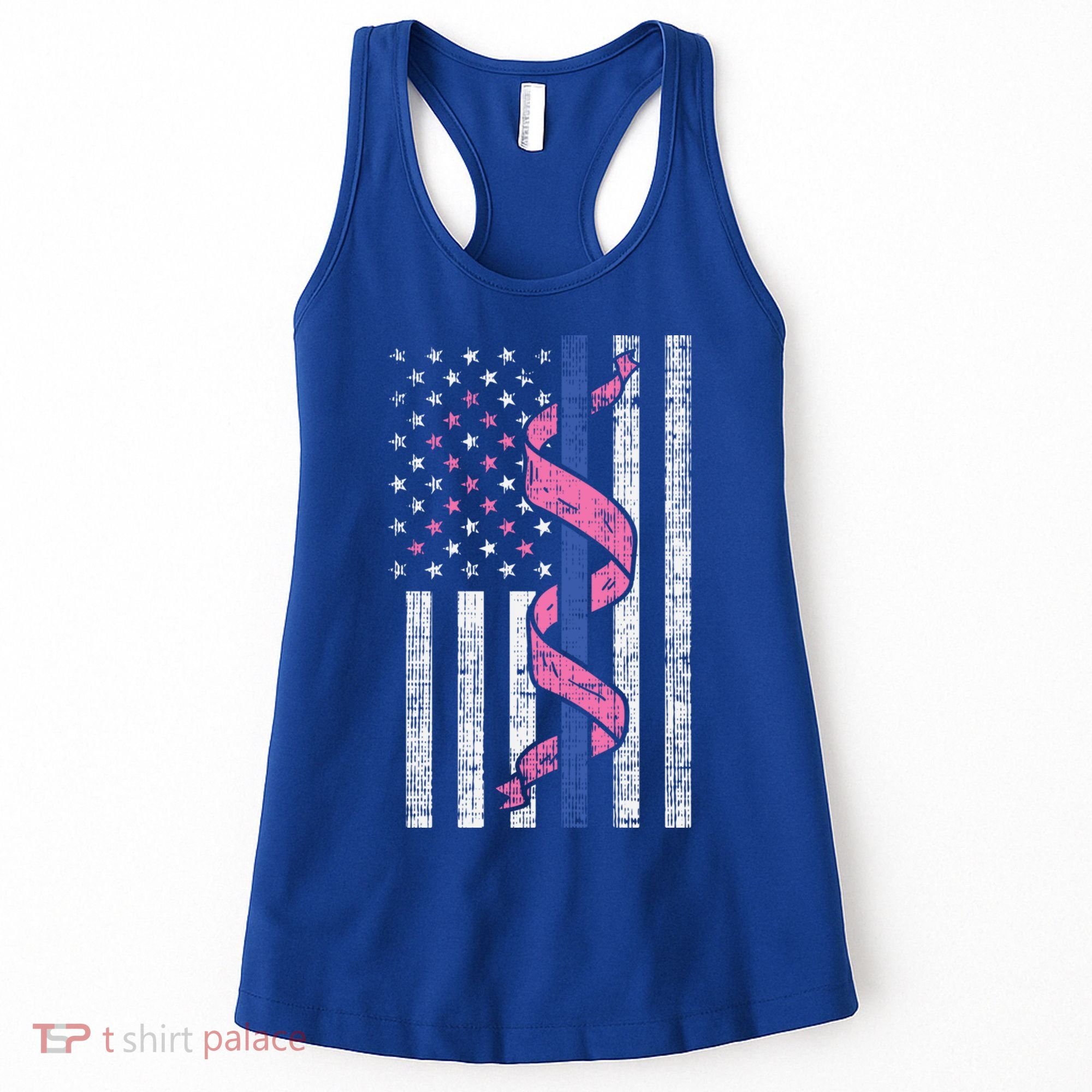Blue Line Police Us Flag Pink Ribbon Breast Cancer Awareness Gift Women's Tank Top