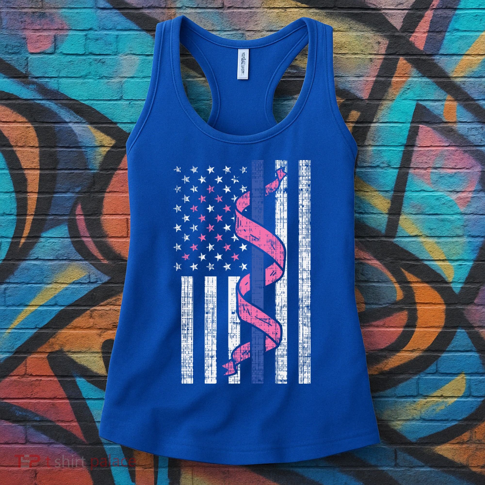 Blue Line Police Us Flag Pink Ribbon Breast Cancer Awareness Gift Women's Tank Top