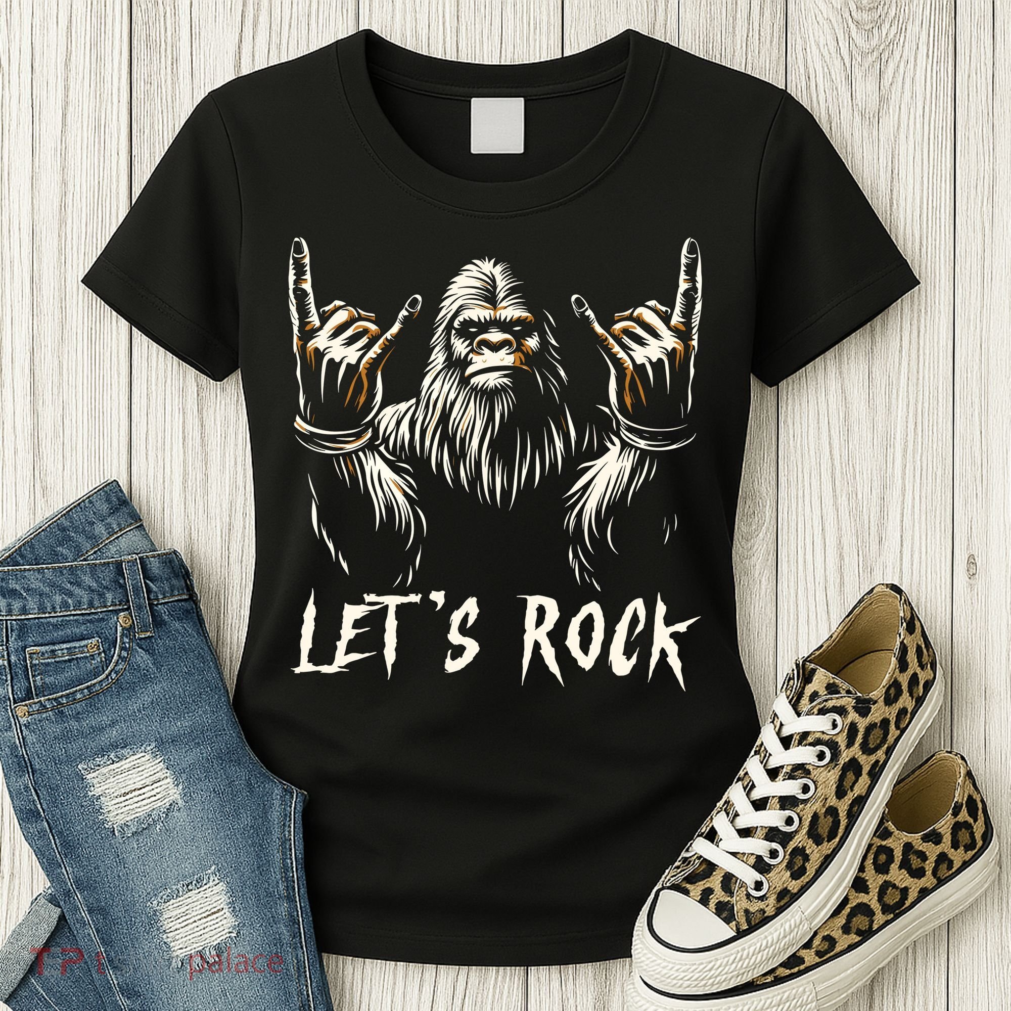 Bigfoot Lets Rock And Roll Funny Women's T-Shirt