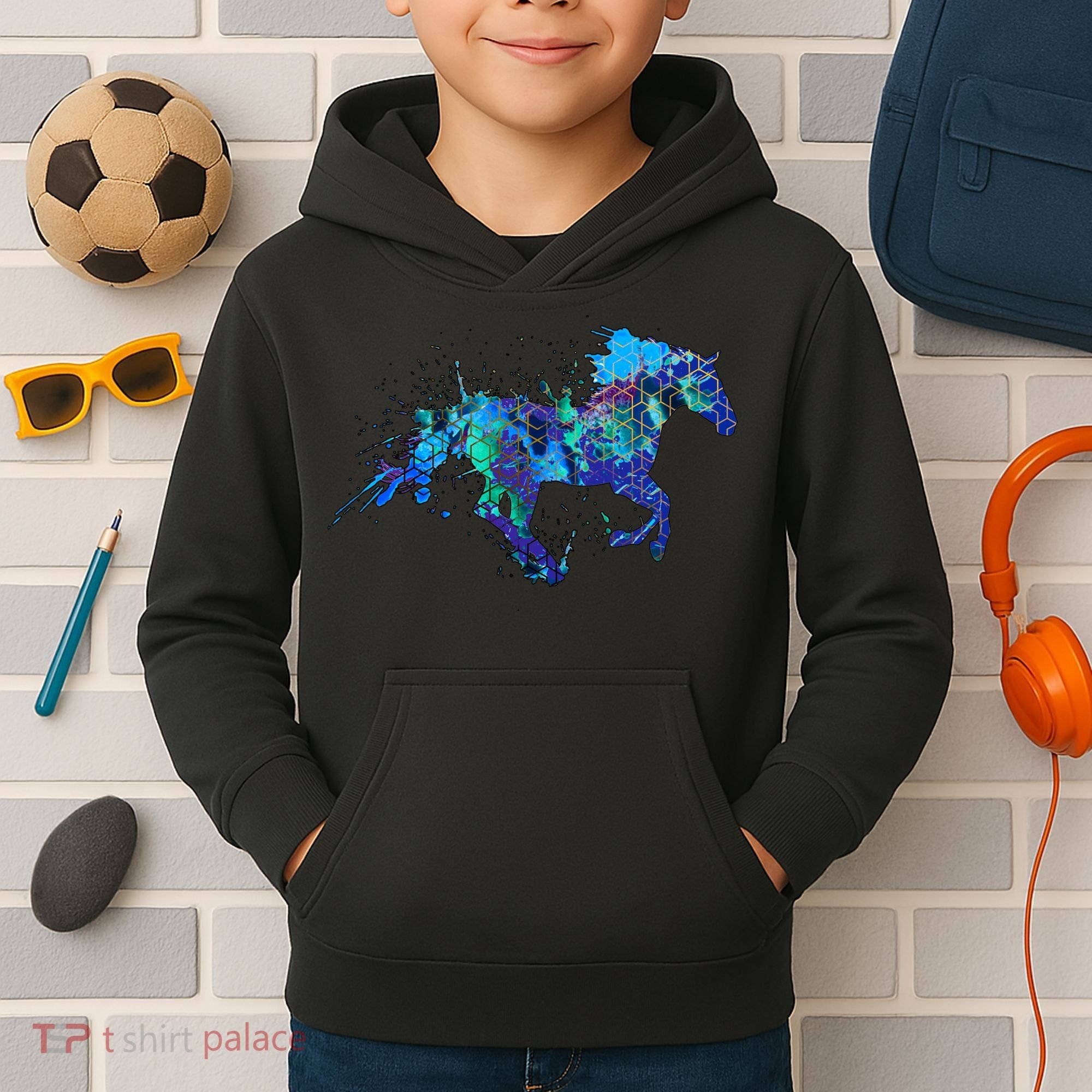 Blue Horse Running Kids Hoodie