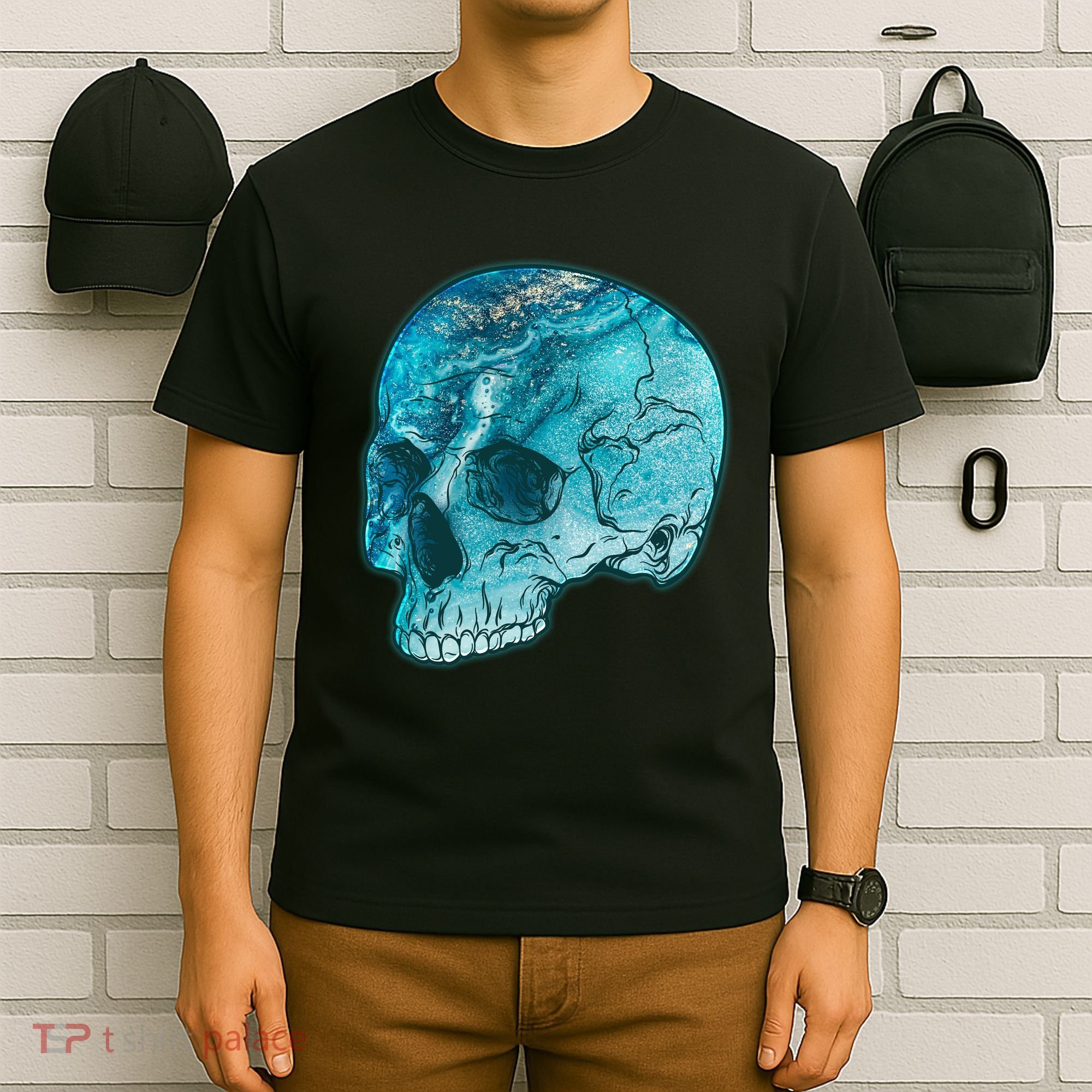 Blue Marble Patterned Skull T-Shirt