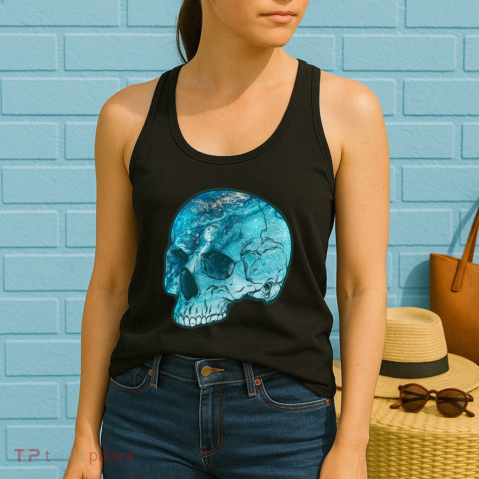 Blue Marble Patterned Skull Women's Tank Top