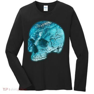 Blue Marble Patterned Skull Women's Long Sleeve Shirt