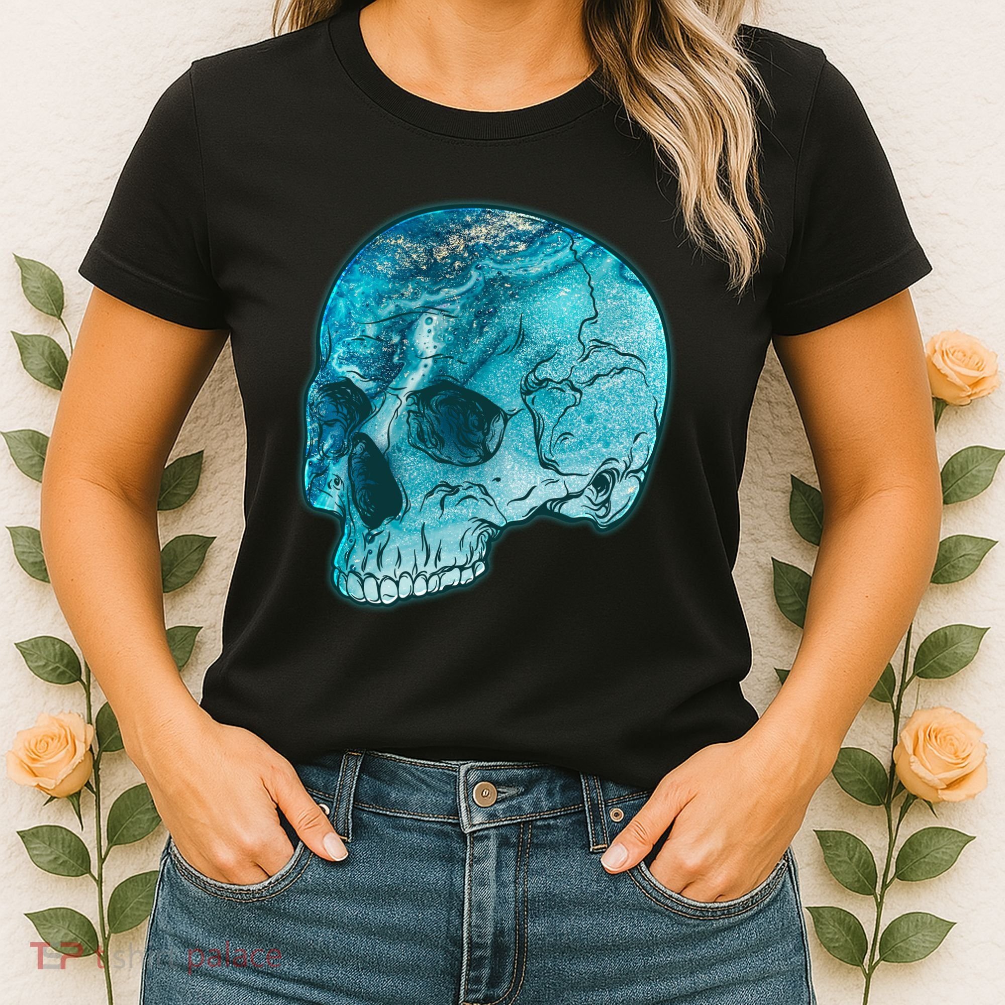 Blue Marble Patterned Skull Women's T-Shirt