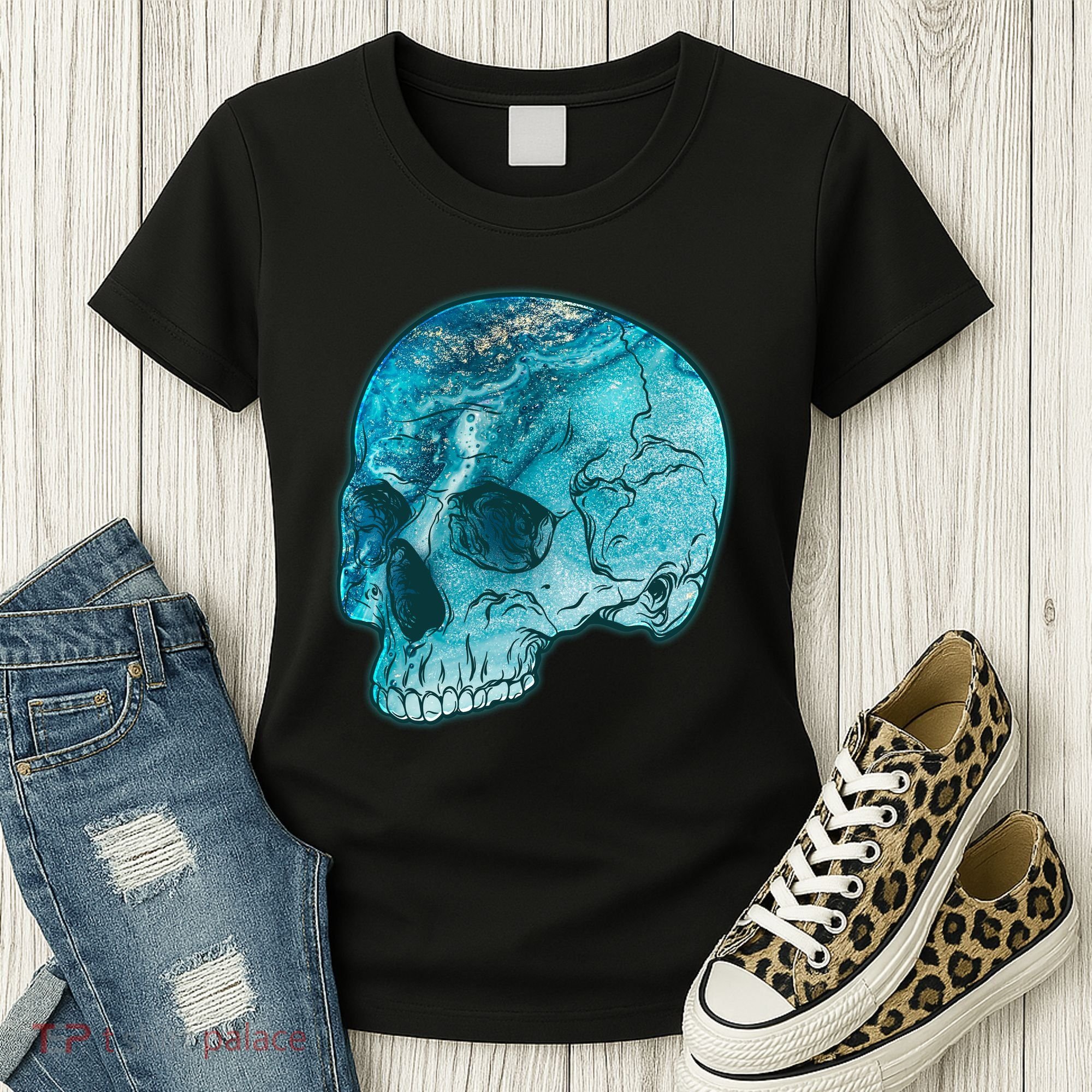 Blue Marble Patterned Skull Women's T-Shirt
