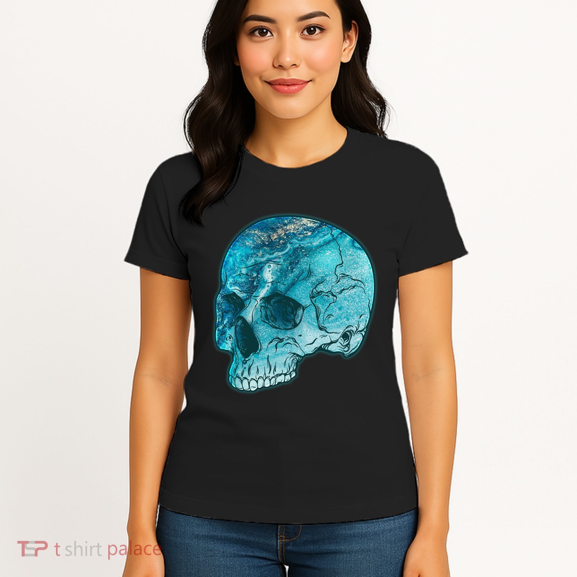 Blue Marble Patterned Skull Women's T-Shirt