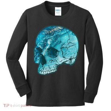 Blue Marble Patterned Skull Kids Long Sleeve Shirt