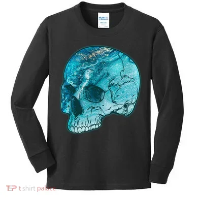 Blue Marble Patterned Skull Kids Long Sleeve Shirt