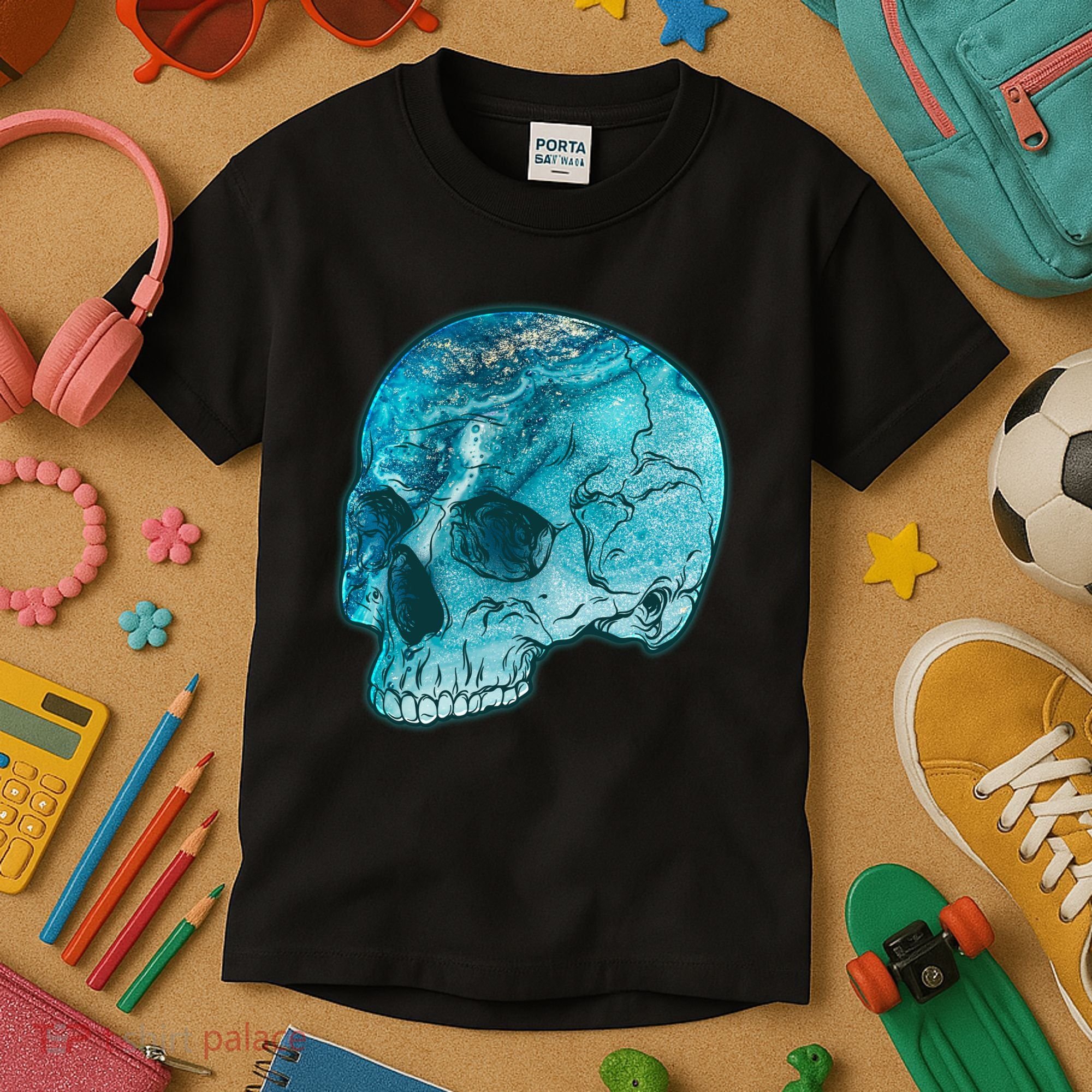 Blue Marble Patterned Skull Kids T-Shirt