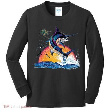 Blue Marlin Fish Sunset Kids Long Sleeve Shirt