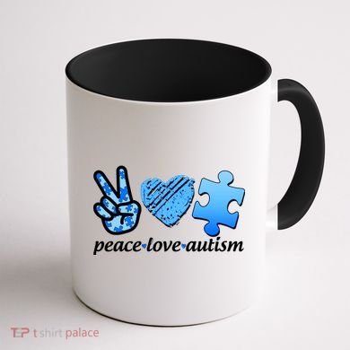 Blue Peace Love Autism  Coffee Mug back