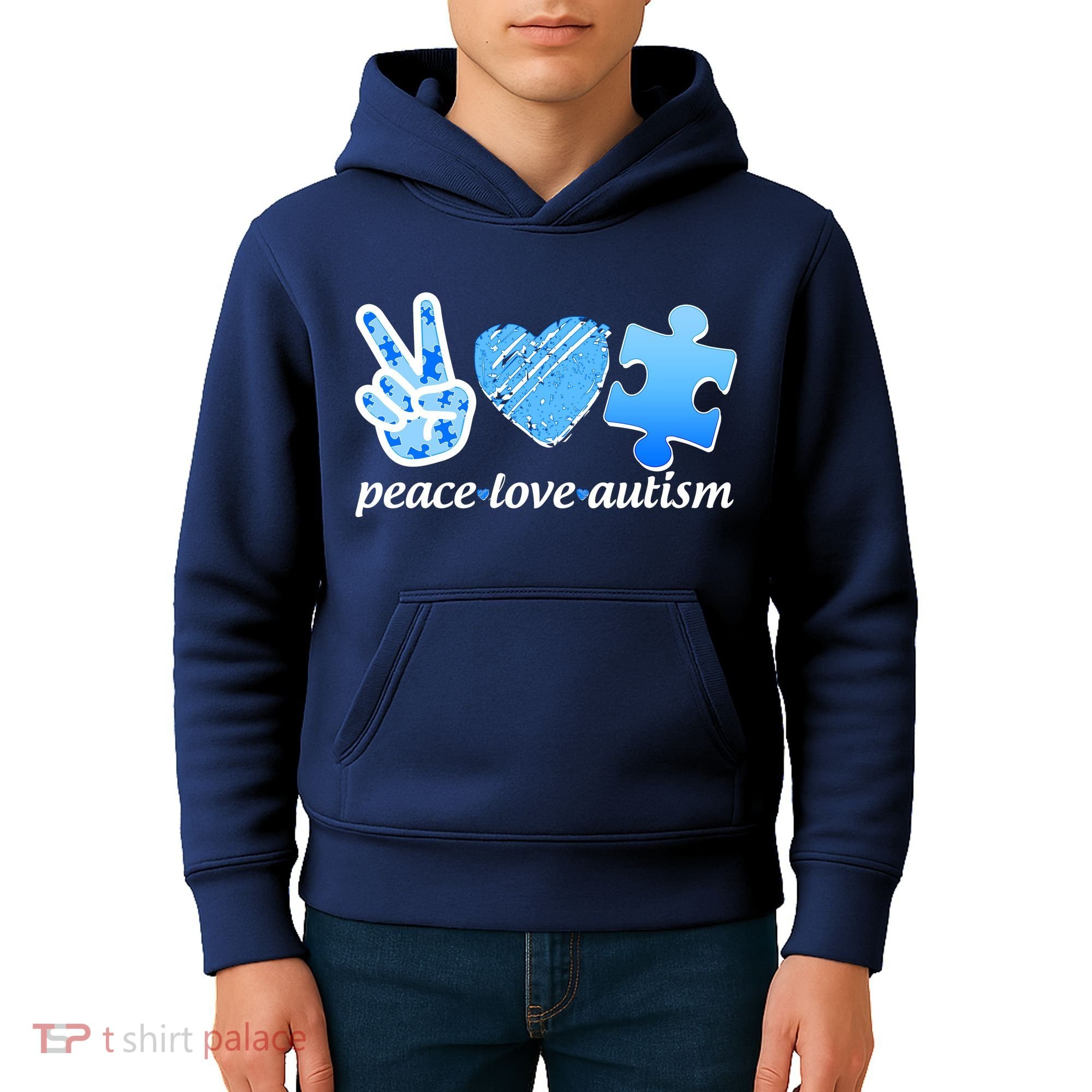 Blue Peace Love Autism  Kids Hoodie